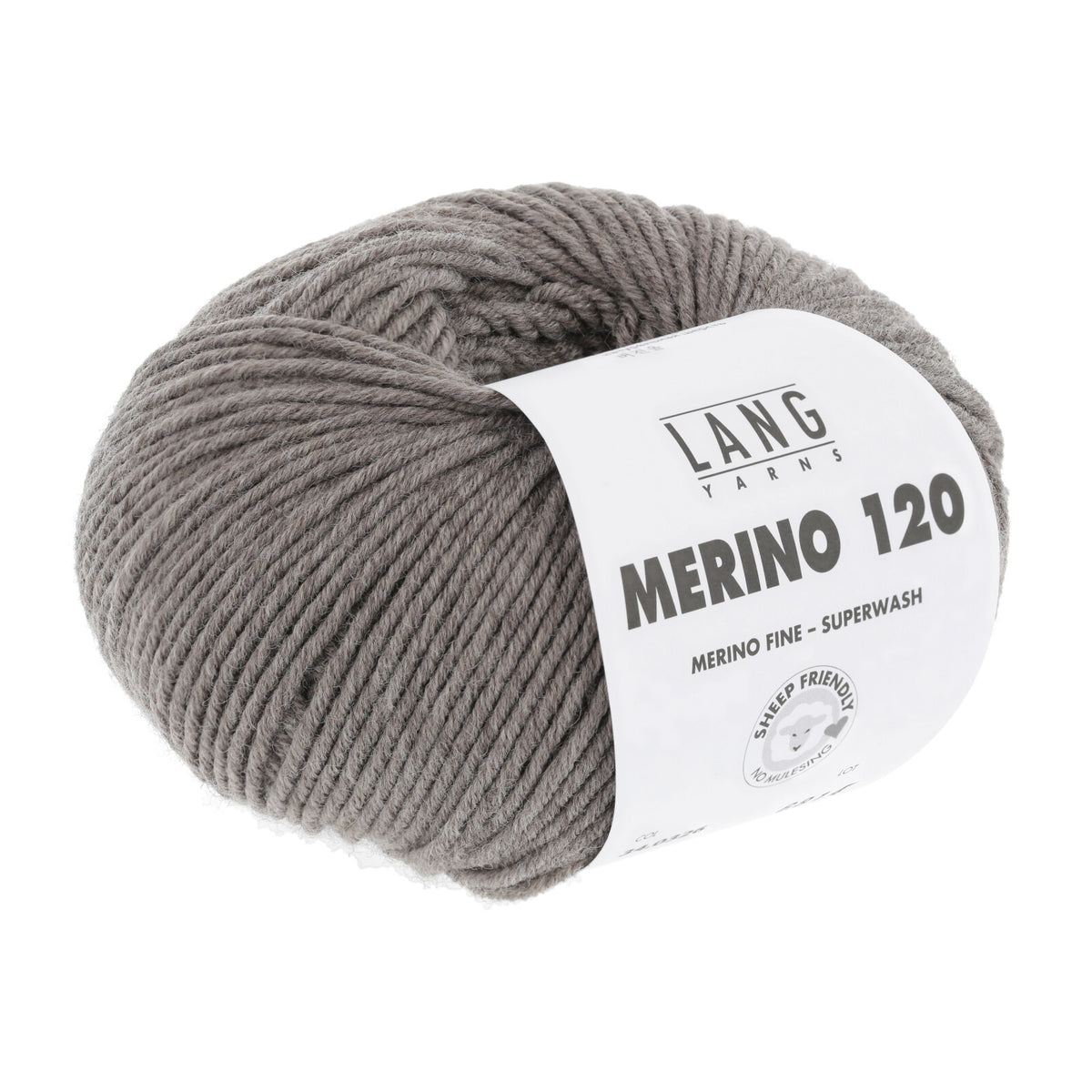 Merino-Garn (Superwash), graubraunes Knäuel mit Label