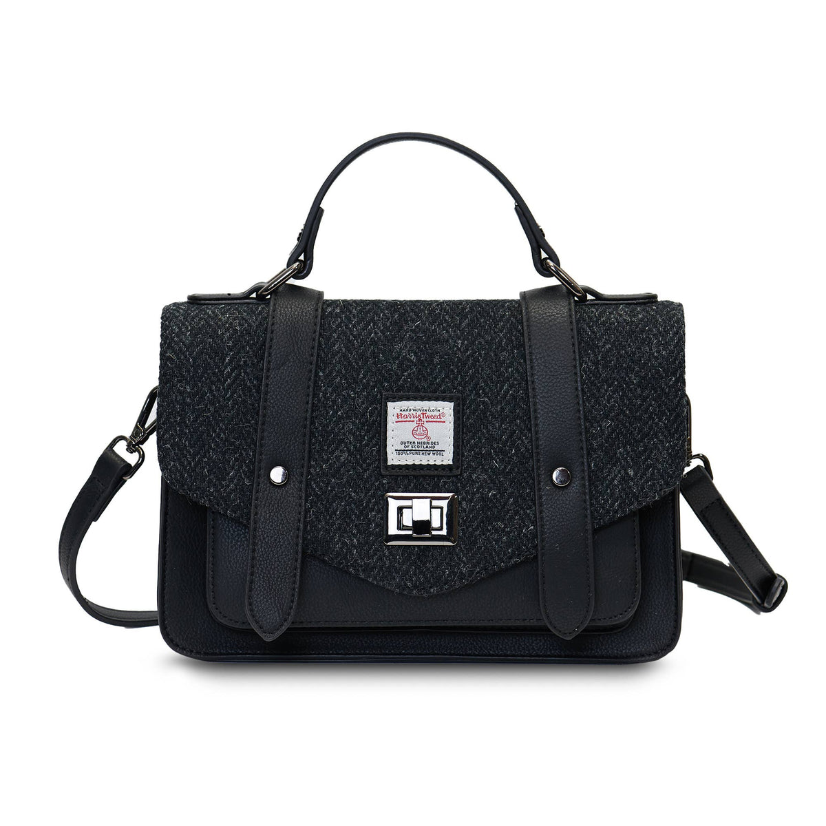 Mittlere Satchel-Tasche aus Harris Tweed in dunklem Fischgrätenmuster mit Umhängegurt