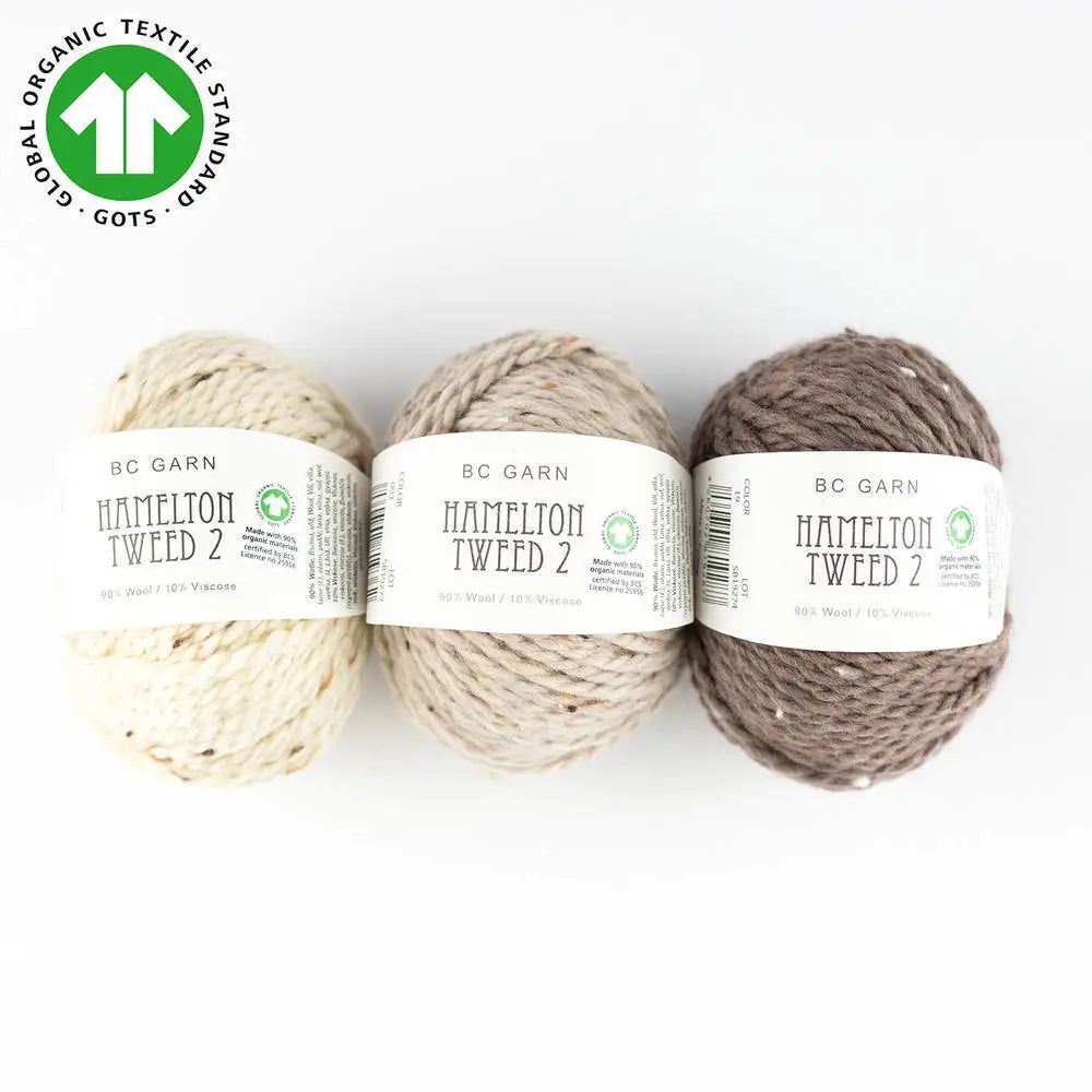 Tweed-Wolle (BC Garn Hamelton Tweed 2 GOTS): drei Wollknäuel in Natur, Hellbeige und Braun