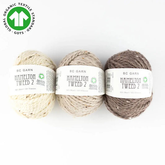 Tweed-Wolle (BC Garn Hamelton Tweed 2 GOTS): drei Wollknäuel in Natur, Hellbeige und Braun