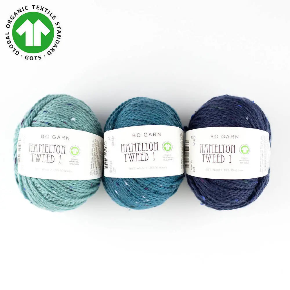 Garnknäuel-Set Hamelton Tweed 1, helltürkis, blau und navy mit Labels