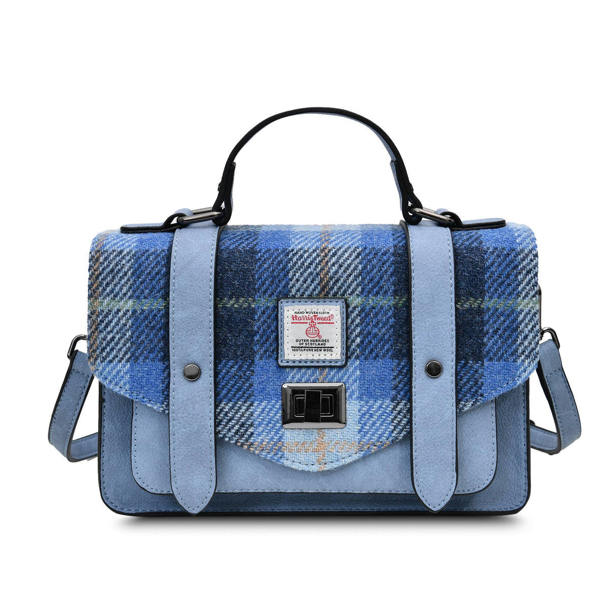 Mittlere Satchel-Tasche aus Harris Tweed im blauen Tartan mit Lederapplikationen und Umhängegurt