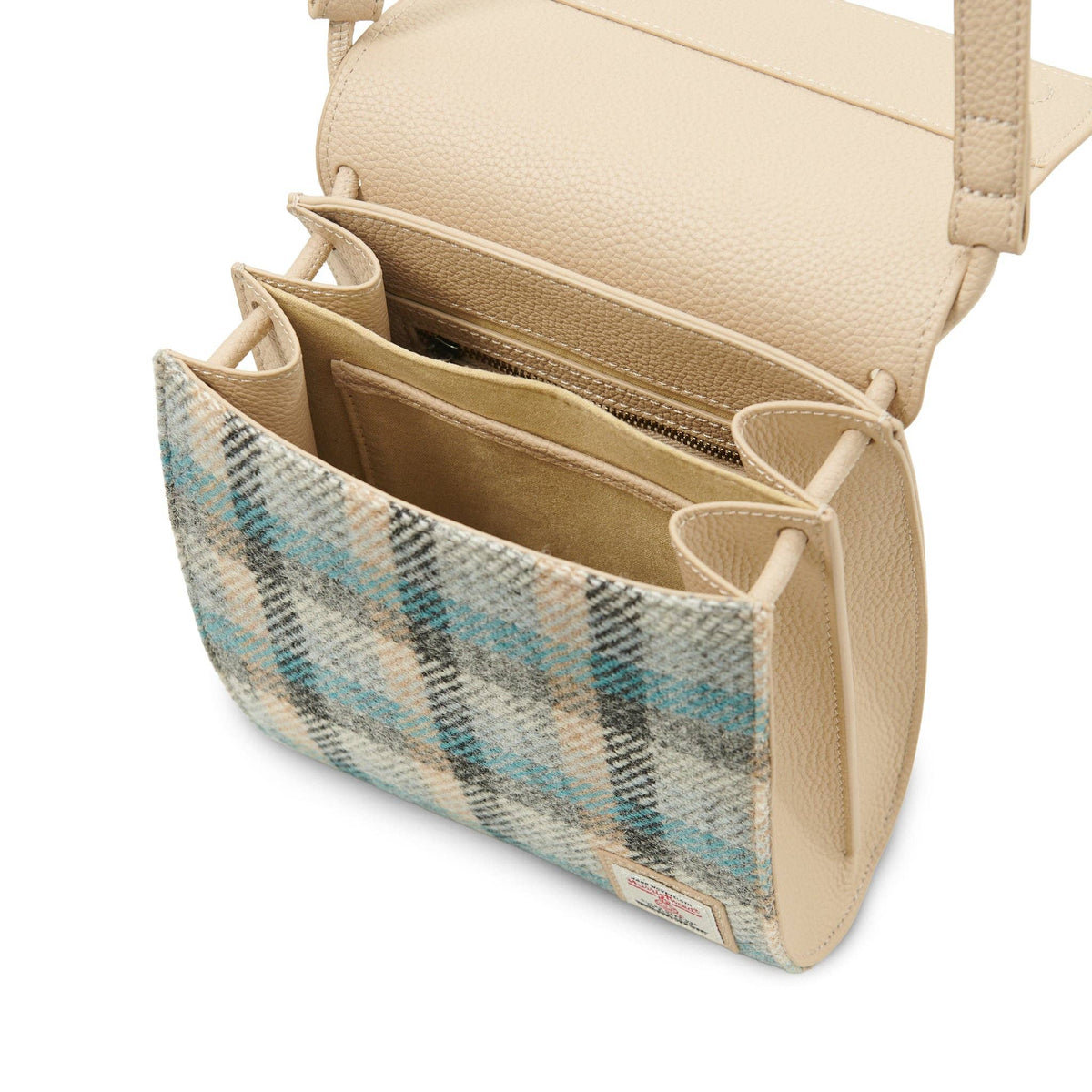 Beuteltasche aus beigem Echtleder mit Harris-Tweed-Tartan und Innenfächern