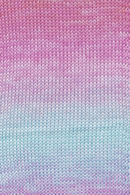 Strickstoff mit Farbverlauf von Flieder und Rosa zu Hellblau und Creme