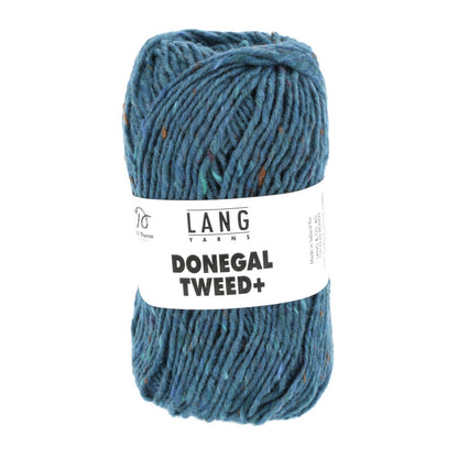 Wollknäuel „Donegal Tweed+“ in petrolblau melierter Optik mit Stricketikett