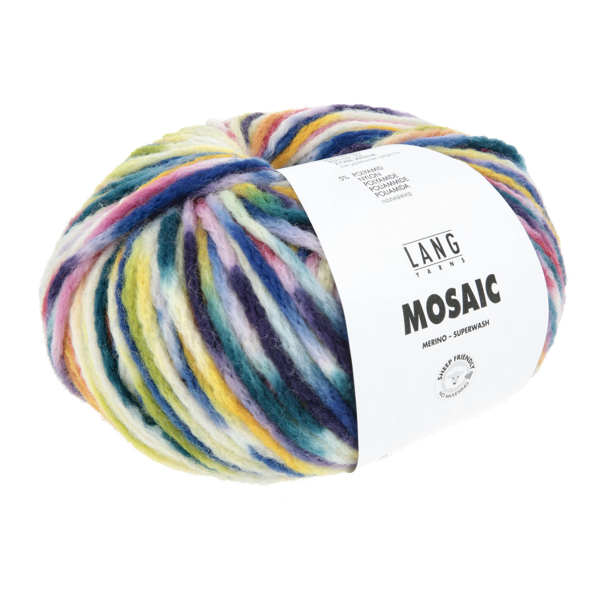 Strickgarnknäuel, mehrfarbig mit Gelb-, Blau- und Violetttönen