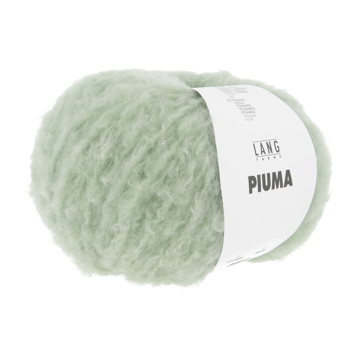 Lang Yarns Piuma Garn, hellgrün, flauschige Faser und Etikett