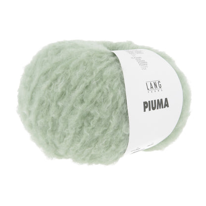 Lang Yarns Piuma Garn, hellgrün, flauschige Faser und Etikett
