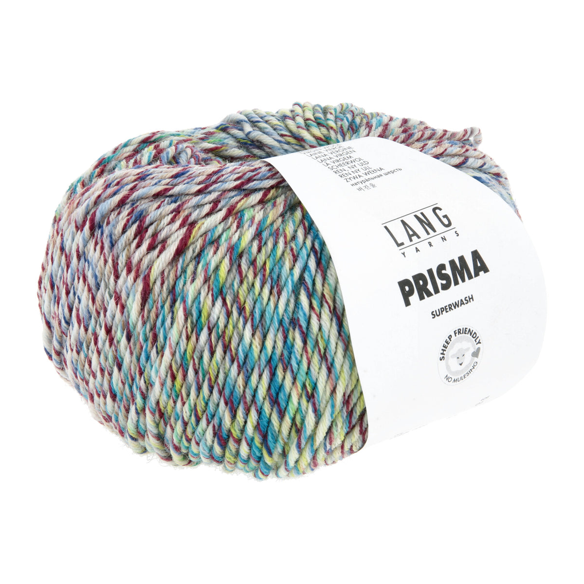 Lang Yarns Prisma-Garnknäuel mit mehrfarbigem Verlauf in Hellblau, Grün und Rosa auf hellem Grund