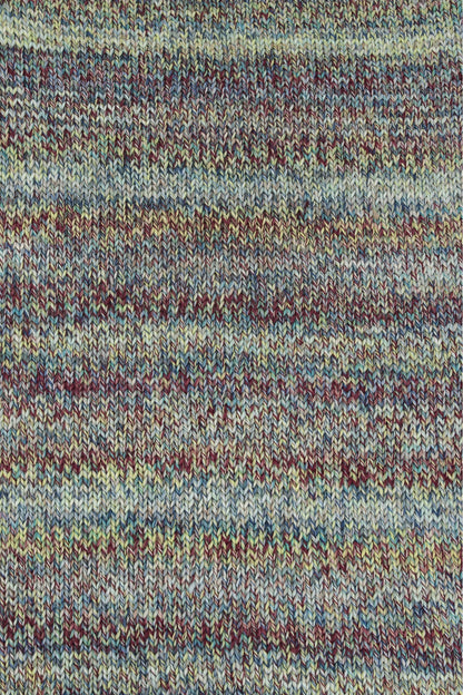 Strickmuster-Stoffprobe des Lang Yarns Prisma-Garns: meliert aus Grau, Blau, Grün und Rot
