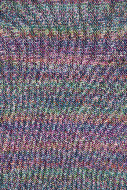 Strickmuster-Stoffprobe des Lang Yarns Prisma-Garns: mehrfarbig aus Blau, Lila, Pink und Grün