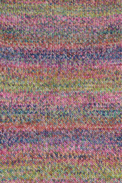 Strickmuster-Stoffprobe des Lang Yarns Prisma-Garns: bunt meliert in Pink, Lila, Grün und Gelb