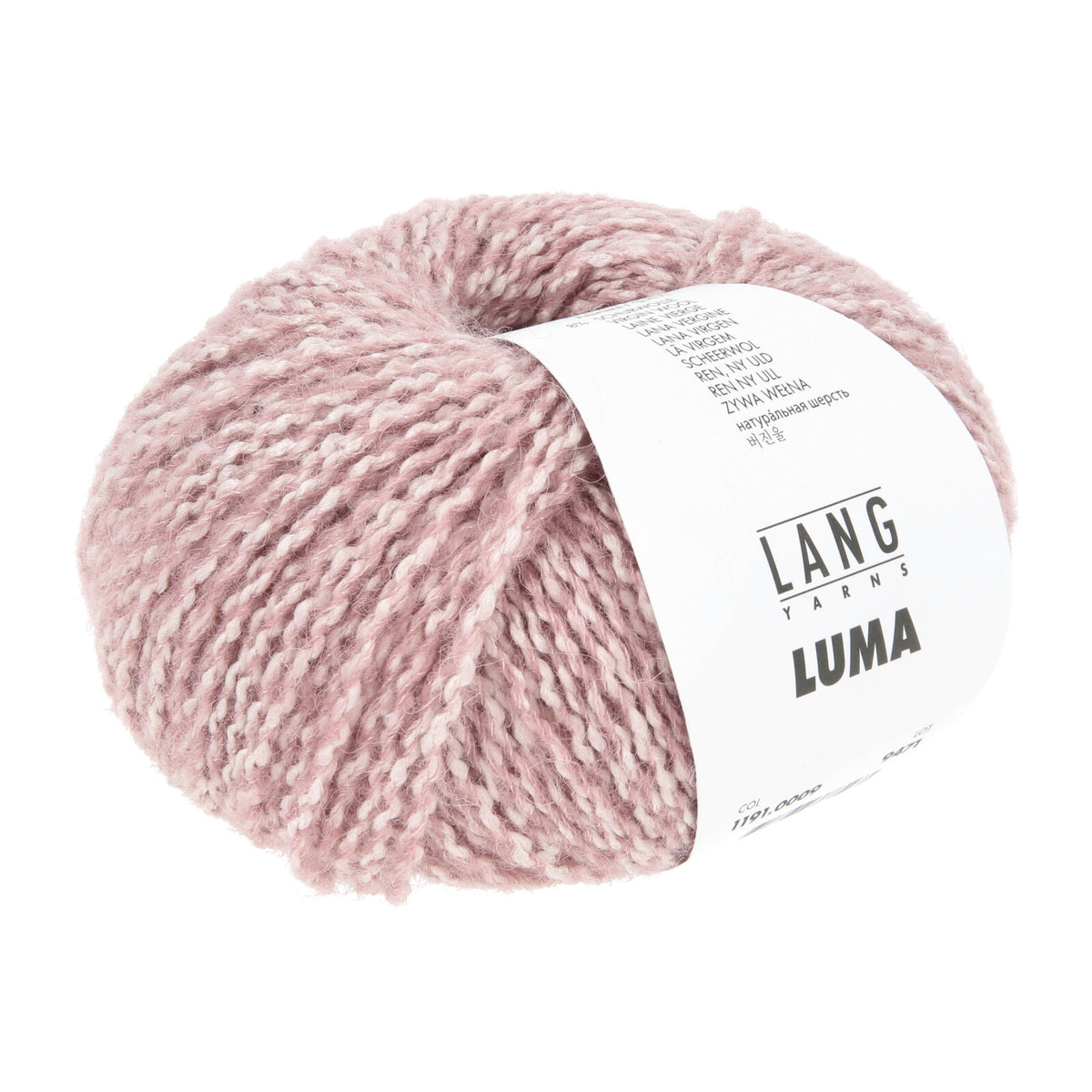 Rosa Wollgarn-Knäuel von Lang Yarns Luma mit weißem Etikett