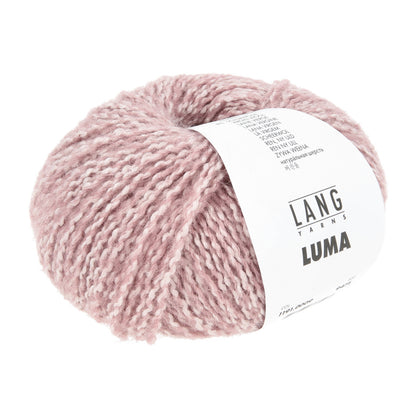 Rosa Wollgarn-Knäuel von Lang Yarns Luma mit weißem Etikett