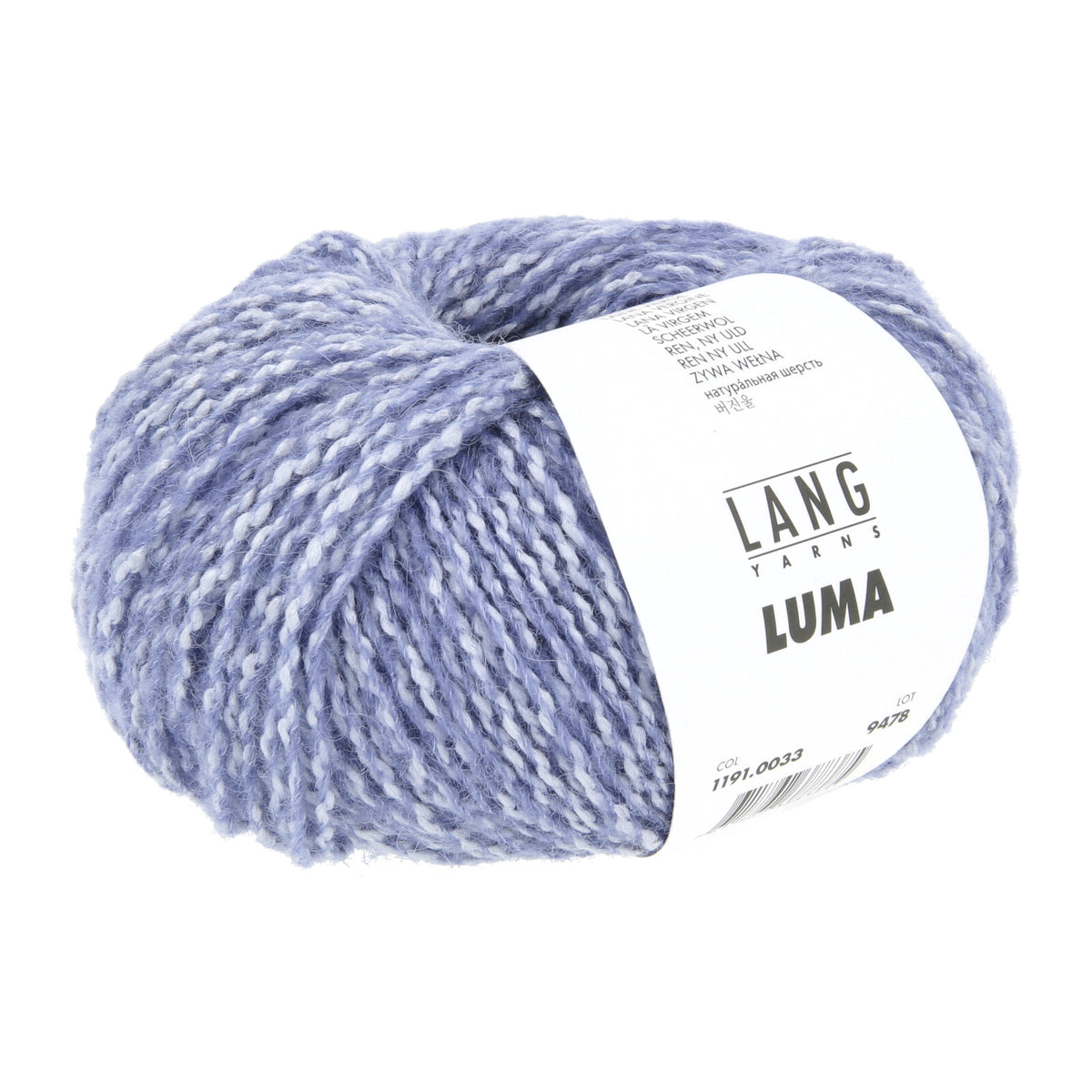 Hellblaues Wollgarn-Knäuel von Lang Yarns Luma mit Etikett