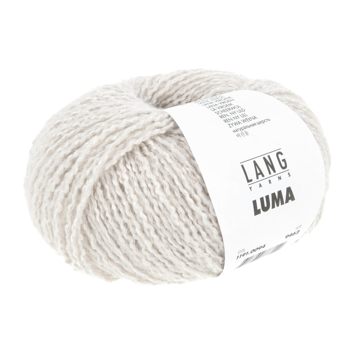 Offweißes Wollgarn-Knäuel von Lang Yarns Luma mit weißem Etikett