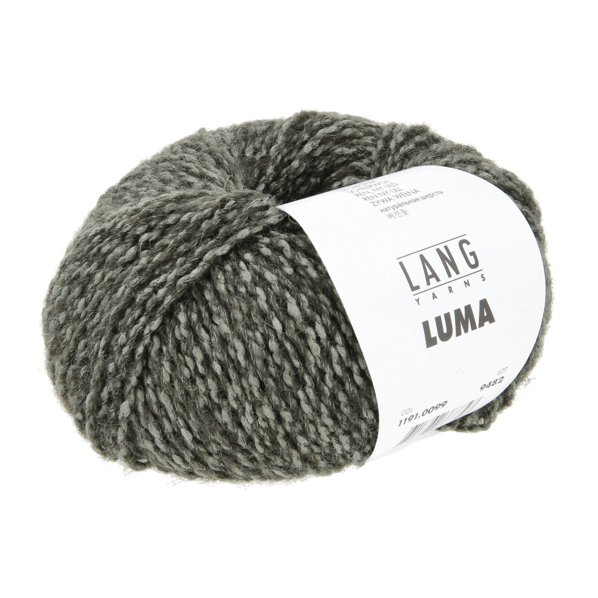 Lang Yarns Luma Wollgarn, grau-grün, Knäuelansicht mit Label