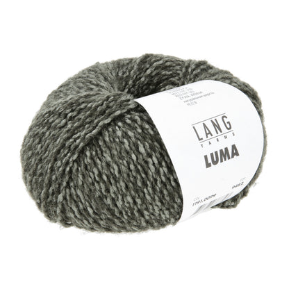Lang Yarns Luma Wollgarn, grau-grün, Knäuelansicht mit Label