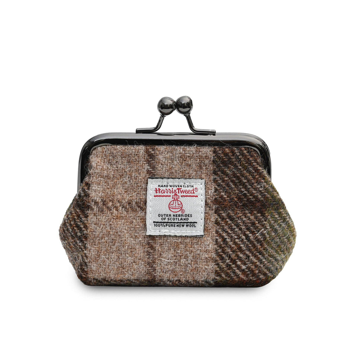 Münzbörse aus Harris Tweed® mit Bügelverschluss, braun-beiges Fischgrätenmuster