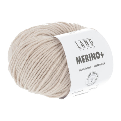 Merino-Garnknäuel, beiger Ton, mit weißem Label