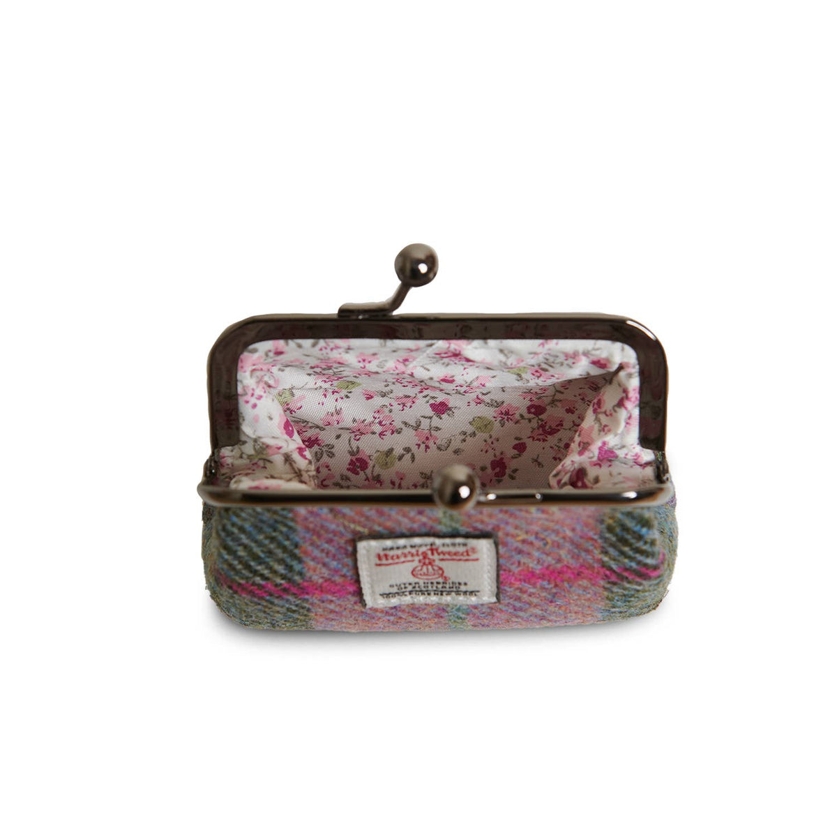 Münzbörse aus Harris Tweed® mit Bügelverschluss, geöffnetes Innenfach mit floralem Futter und Karomuster