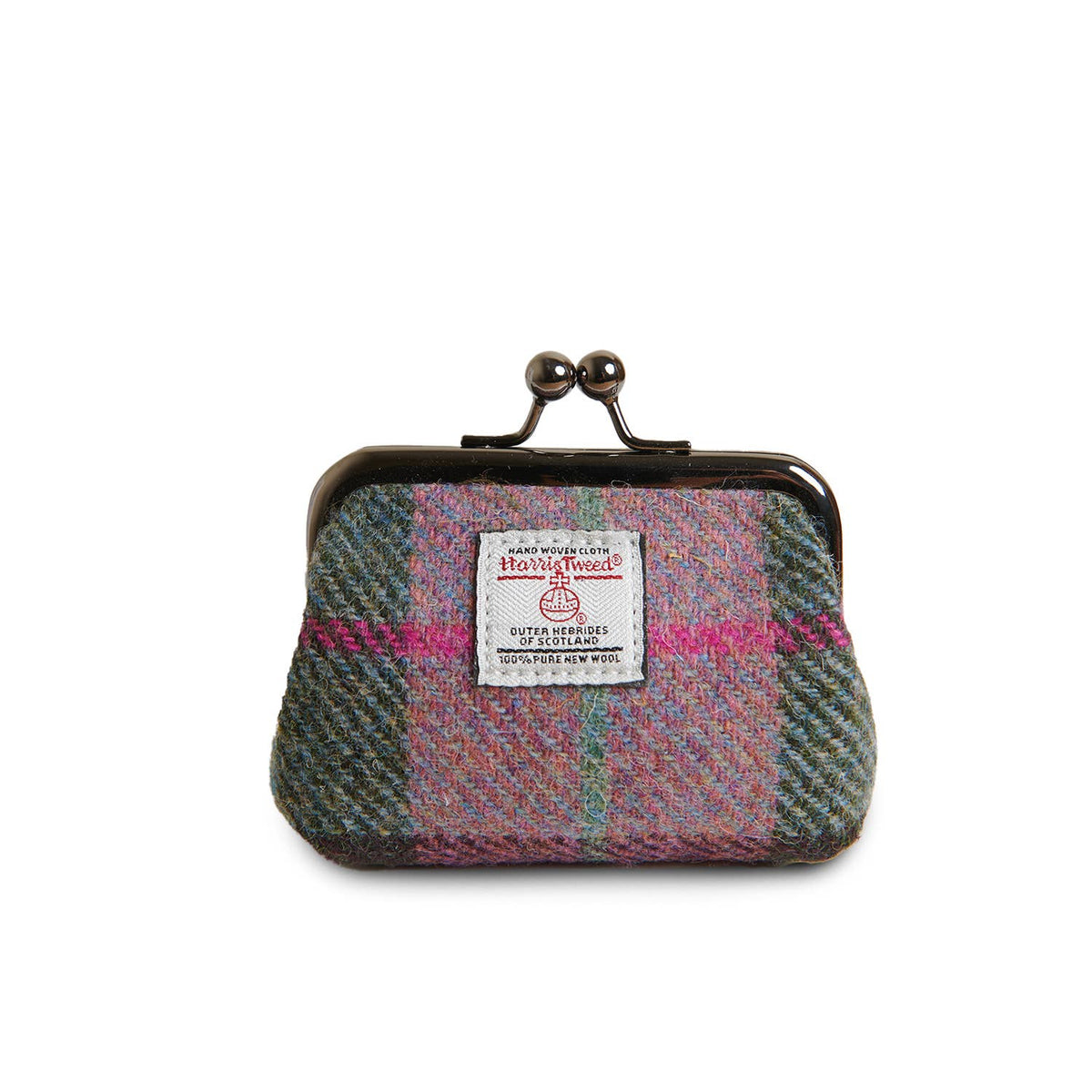 Münzbörse aus Harris Tweed® mit mehrfarbigem Stoffmix in grün, rot und pink