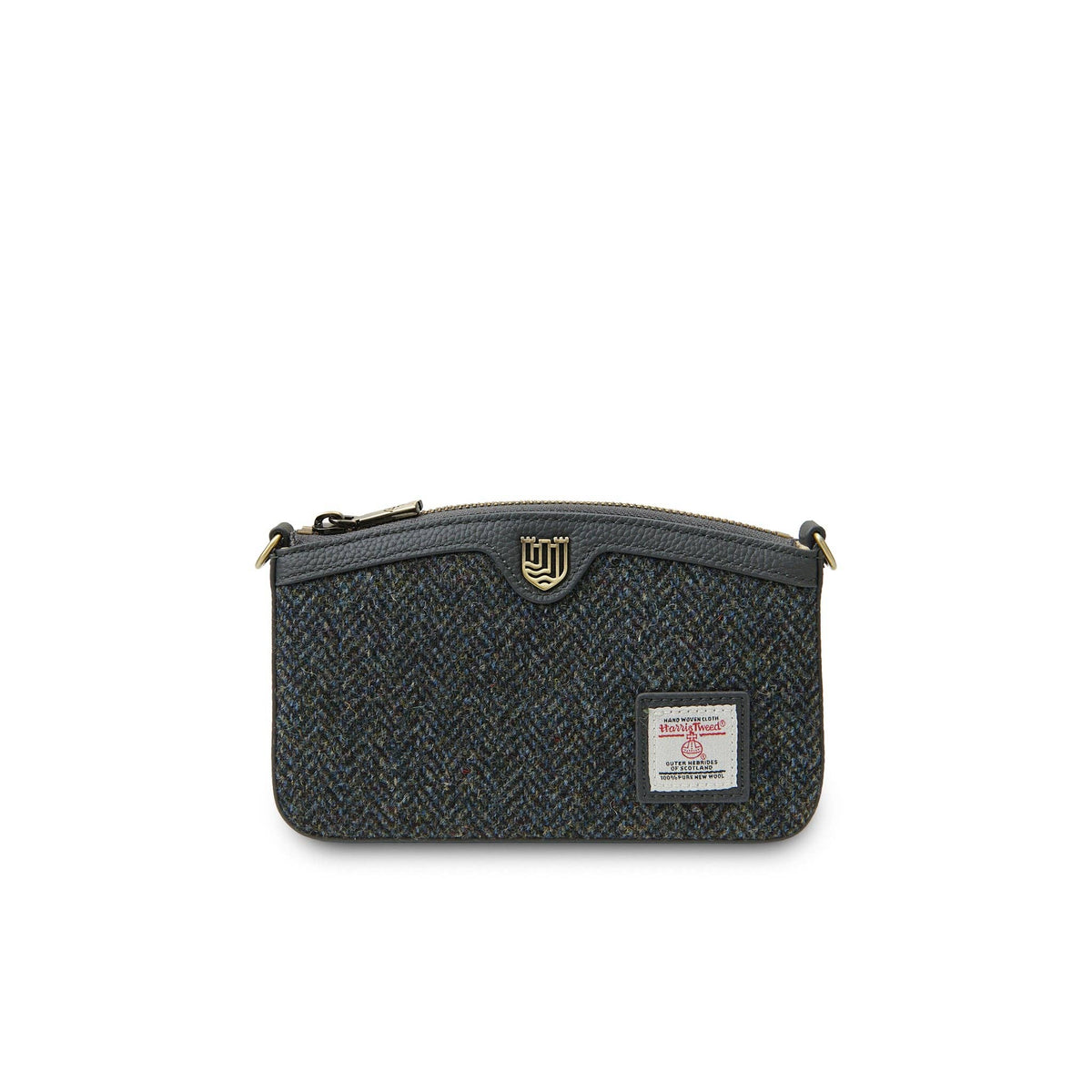 Umhängetasche aus Harris Tweed® in Dunkelblau mit Metall-Logo und Reißverschluss
