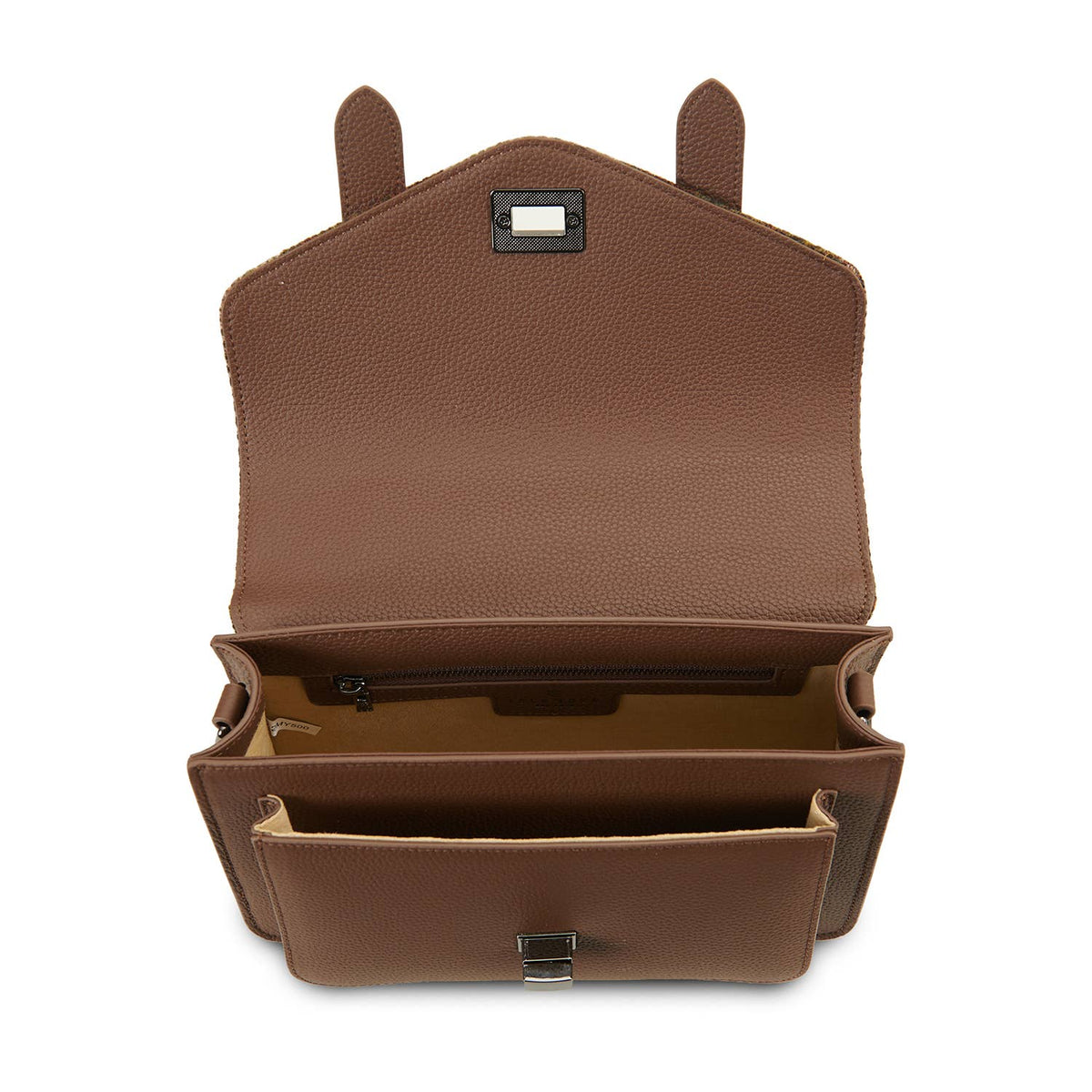 Islander Medium-Satchel geöffnet: braunes Innenfach mit Metallverschluss oben