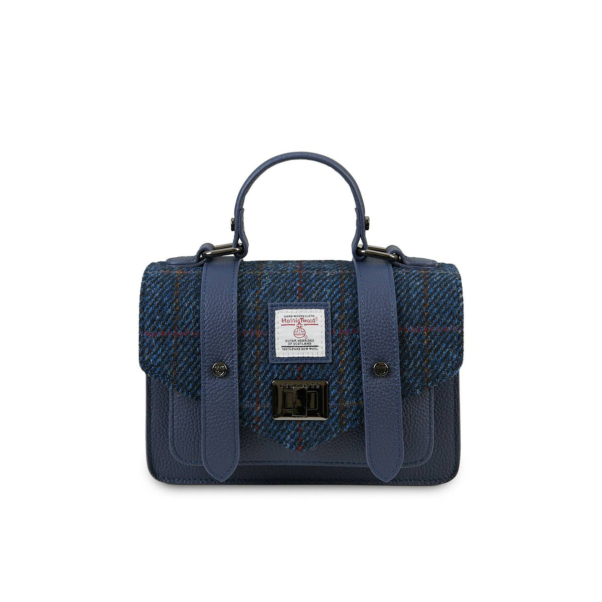 Islander Medium-Satchel mit Harris-Tweed in Dunkelblau und Echtleder in Marineblau