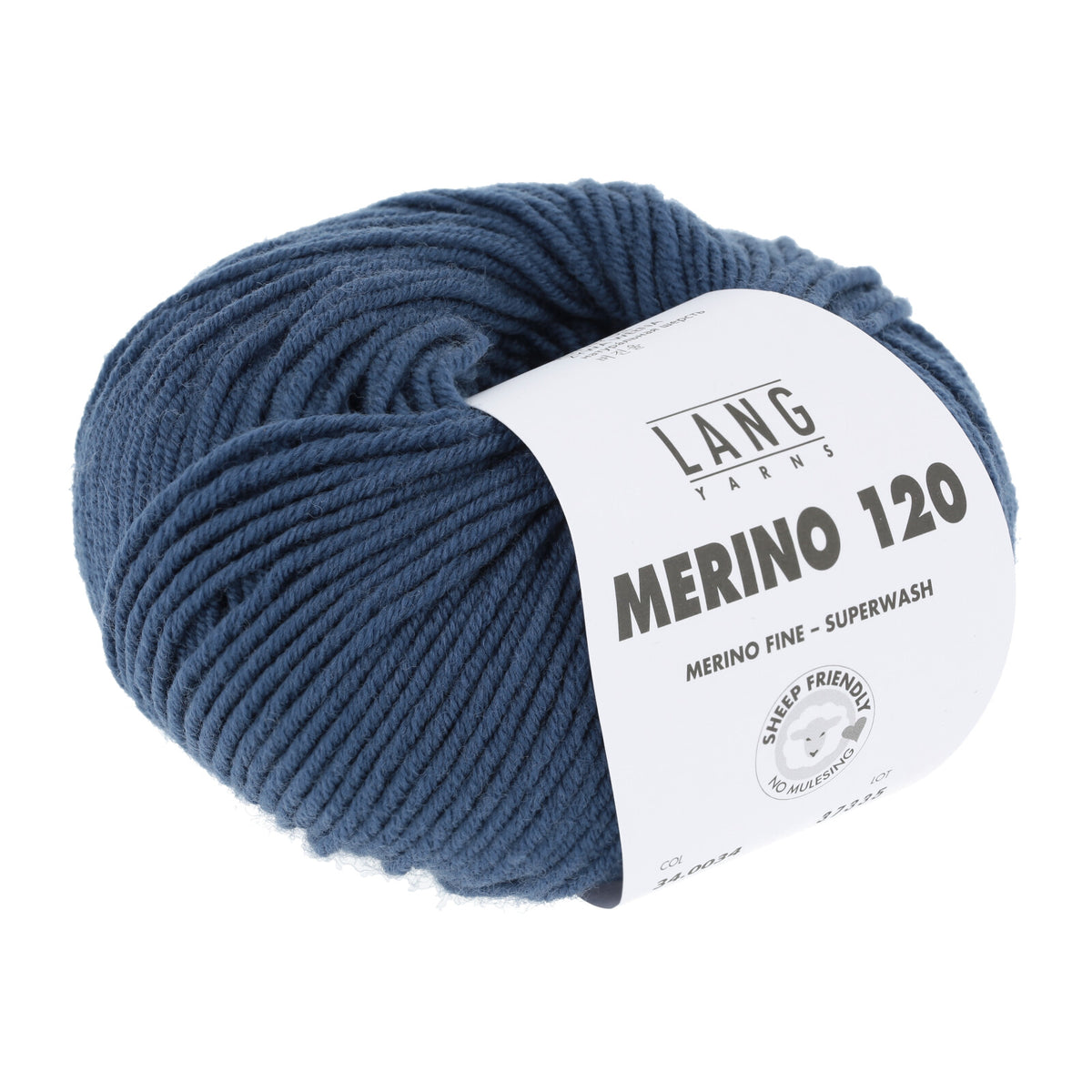Merinowolle (Lang Yarns) als Knäuel, blau meliert, mit Wickelband-Label