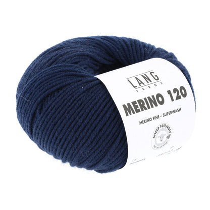 Merinowolle (Lang Yarns) als Knäuel, dunkelblau, mit Wickelband-Label