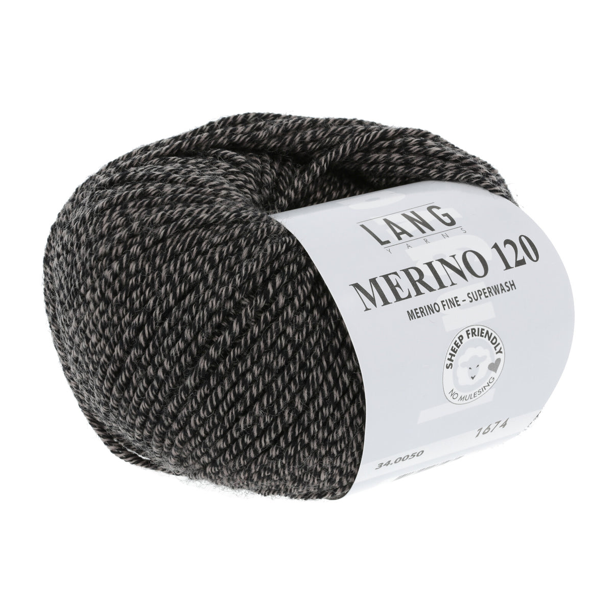 Merino 120 Wollgarn-Knäuel, schwarz-grau meliert mit Label