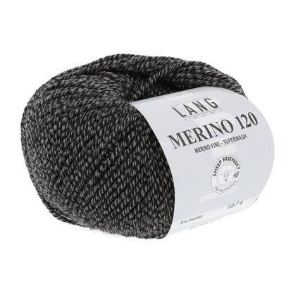 Merino 120 Wollgarn-Knäuel, schwarz-grau meliert mit Label