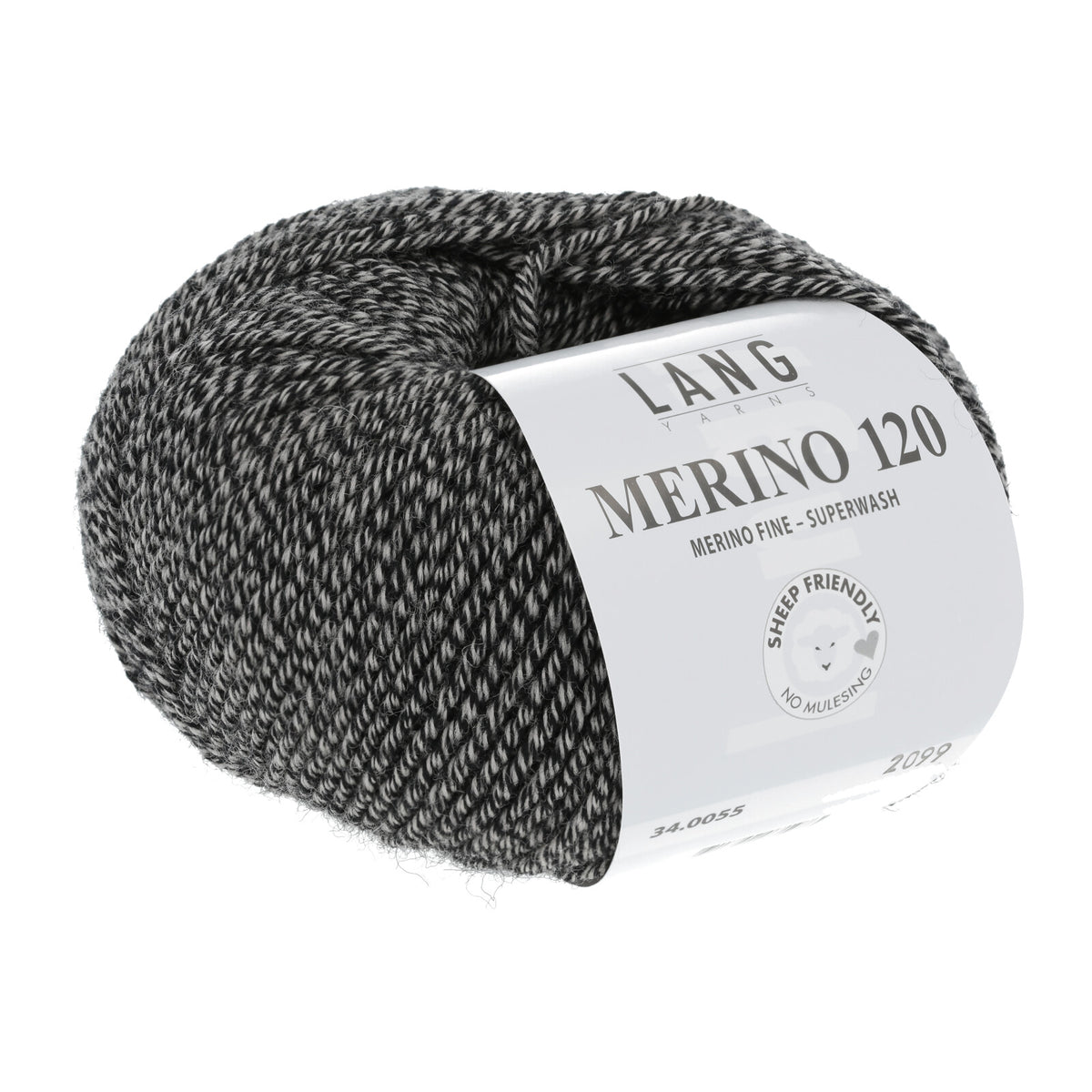 Merino 120 Wollgarn-Knäuel, schwarz-weiß meliert mit Label