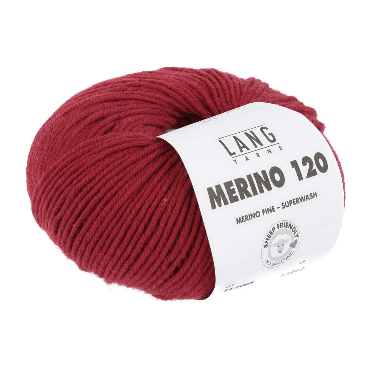Merino-Garnknäuel in weinrotem Rot, mit gedrucktem Label