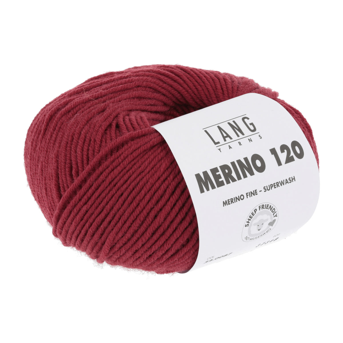 Merino-Garnknäuel in bordeauxfarbenem Rot, mit gedrucktem Label
