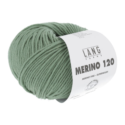 Merino 120 Wollgarn-Knäuel, grün meliert mit Label