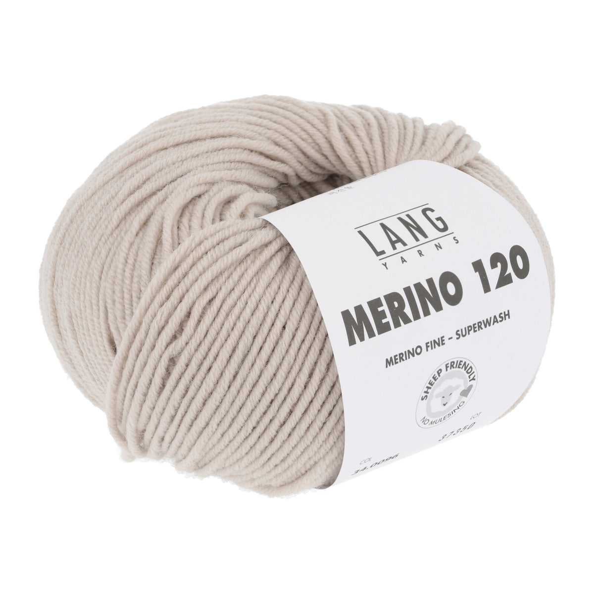 Merino 120 Wollgarn-Knäuel, beige/creme mit Label