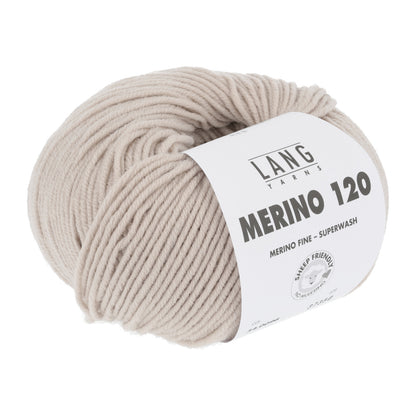 Merino 120 Wollgarn-Knäuel, beige/creme mit Label