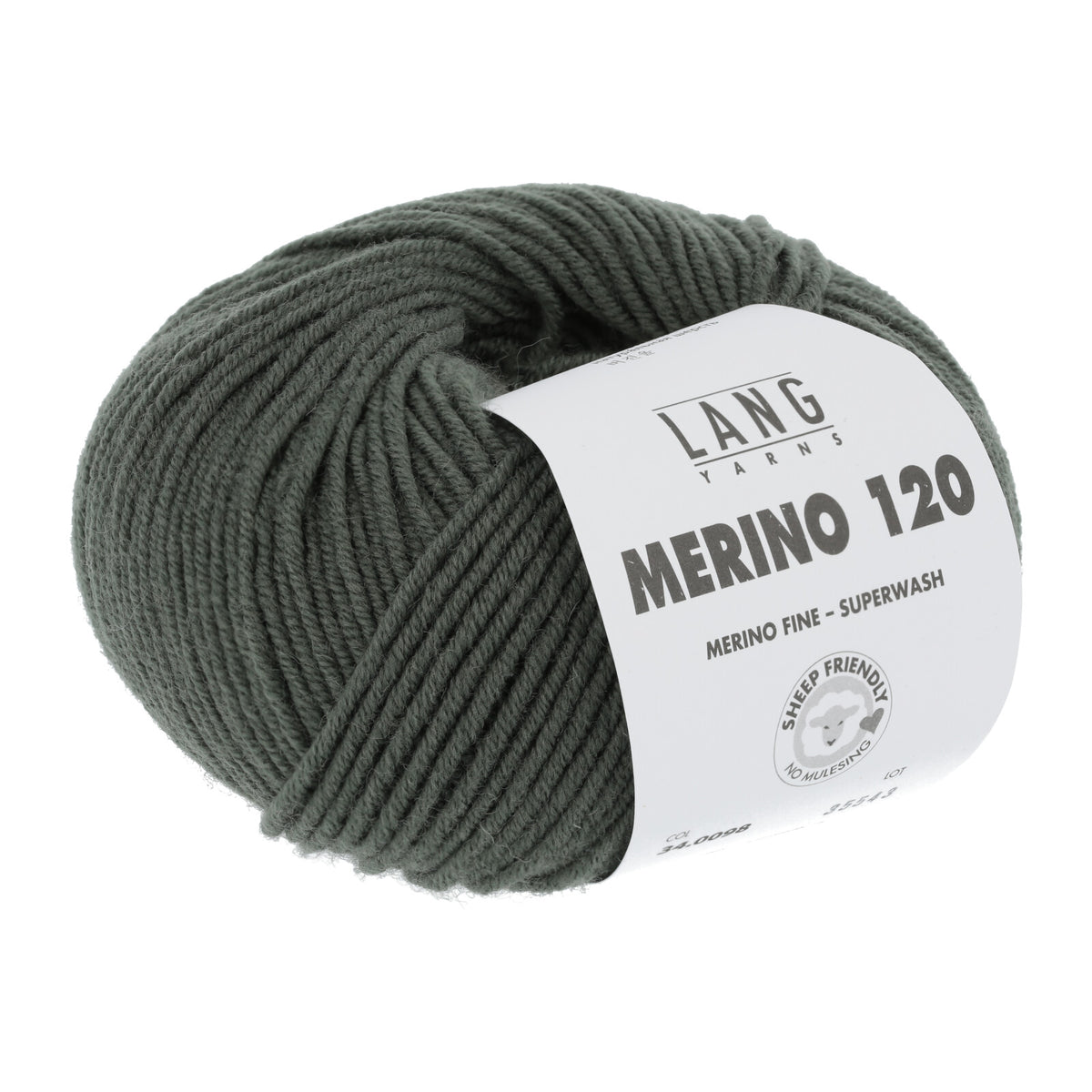 Merino-Garnknäuel, dunkles Olivgrün, kompaktes Strickgarn mit Etikett