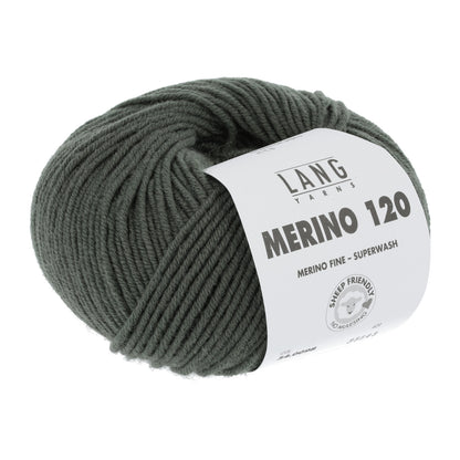 Merino-Garnknäuel, dunkles Olivgrün, kompaktes Strickgarn mit Etikett