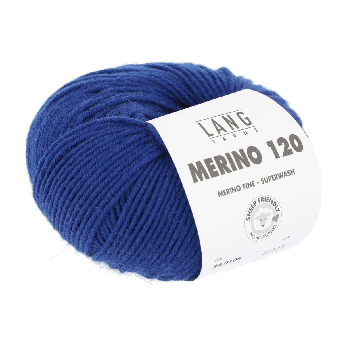 Merino-Garnknäuel in kräftigem Dunkelblau, mit gedrucktem Label