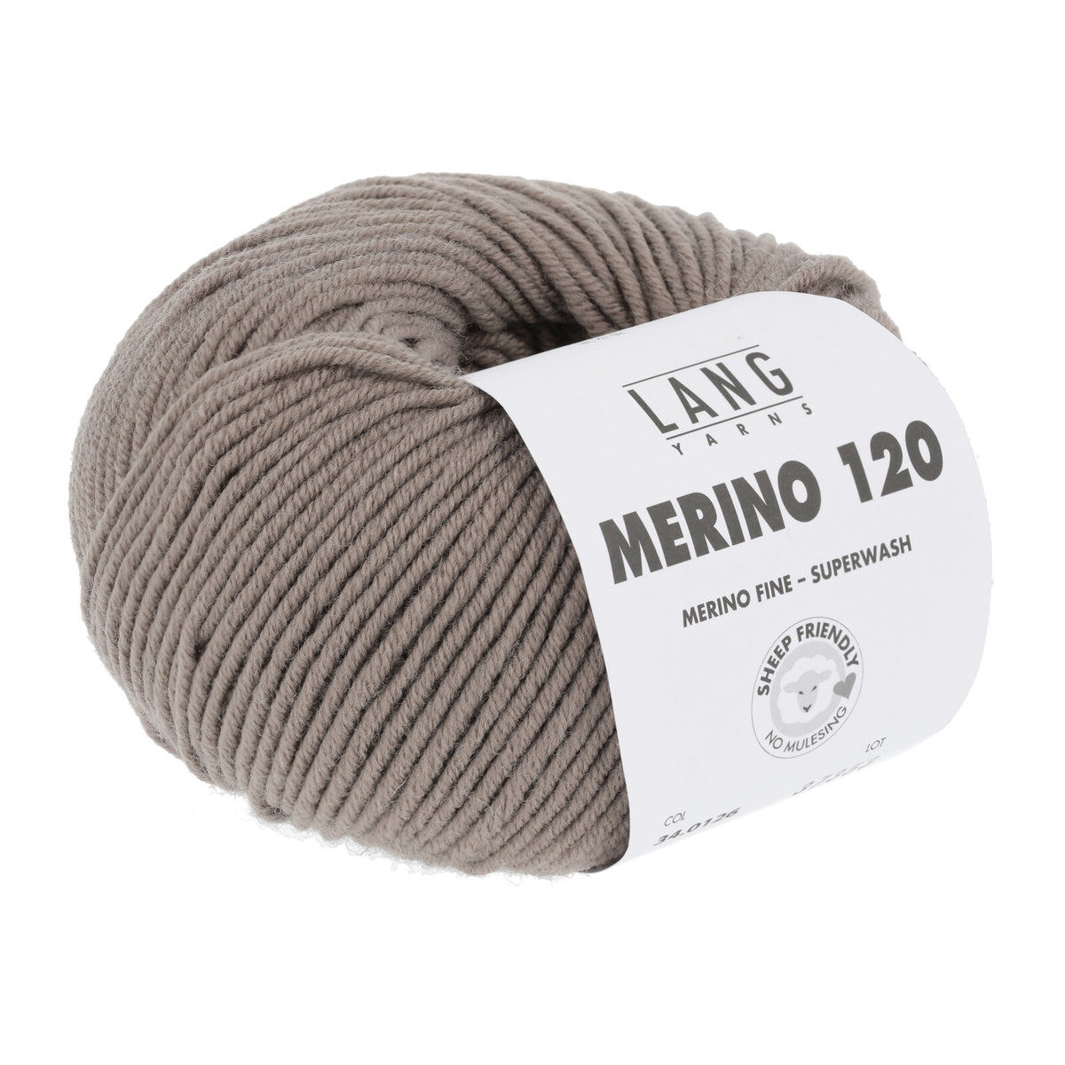Merinowolle (Lang Yarns) als Knäuel, beige-grau, mit Wickelband-Label