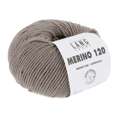 Merinowolle (Lang Yarns) als Knäuel, beige-grau, mit Wickelband-Label