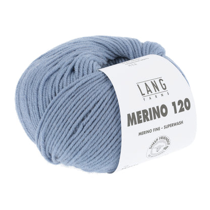 Merinowolle (Lang Yarns) als Knäuel, hellblau, mit Wickelband-Label