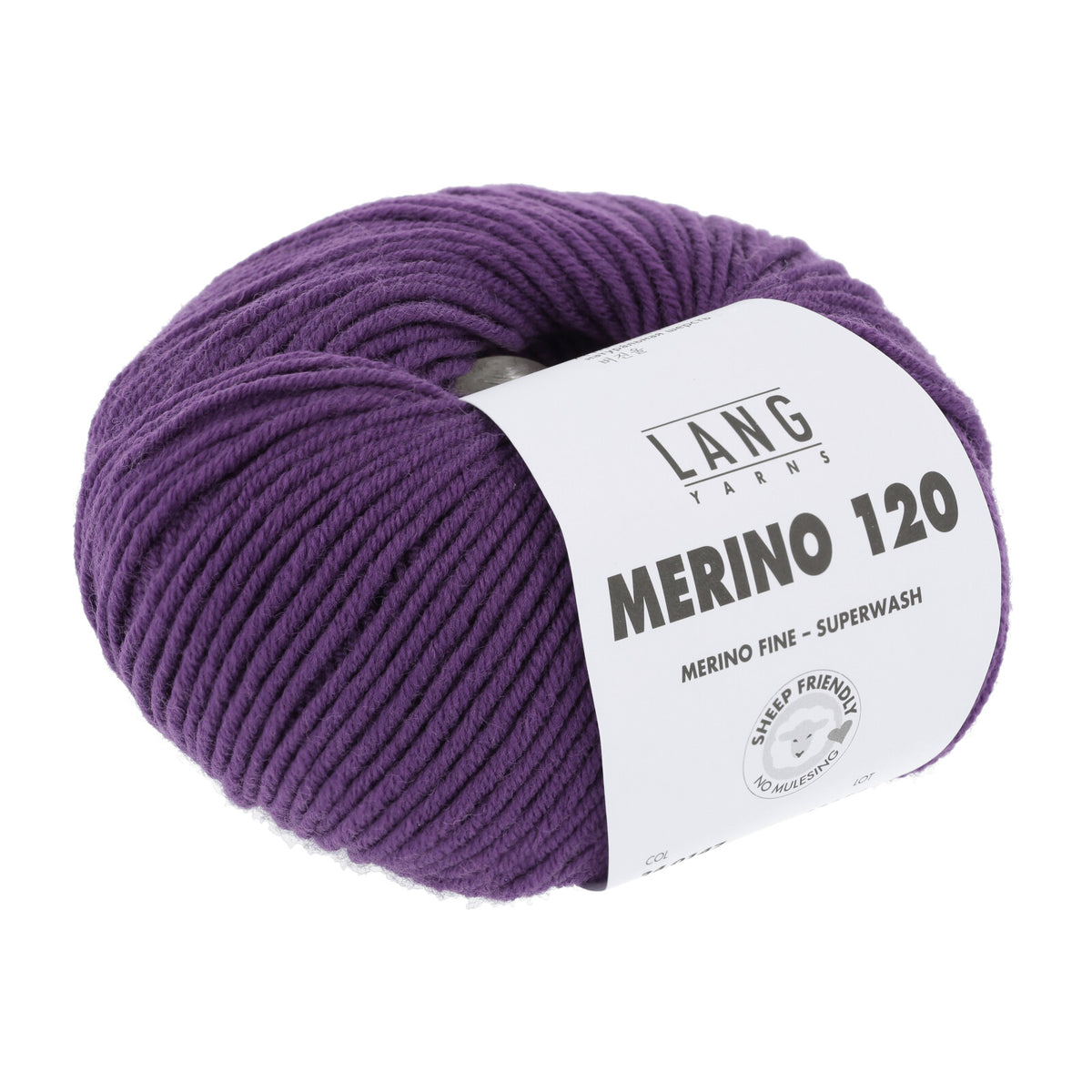 Merinowolle (Lang Yarns) als Knäuel, lila, mit Wickelband-Label