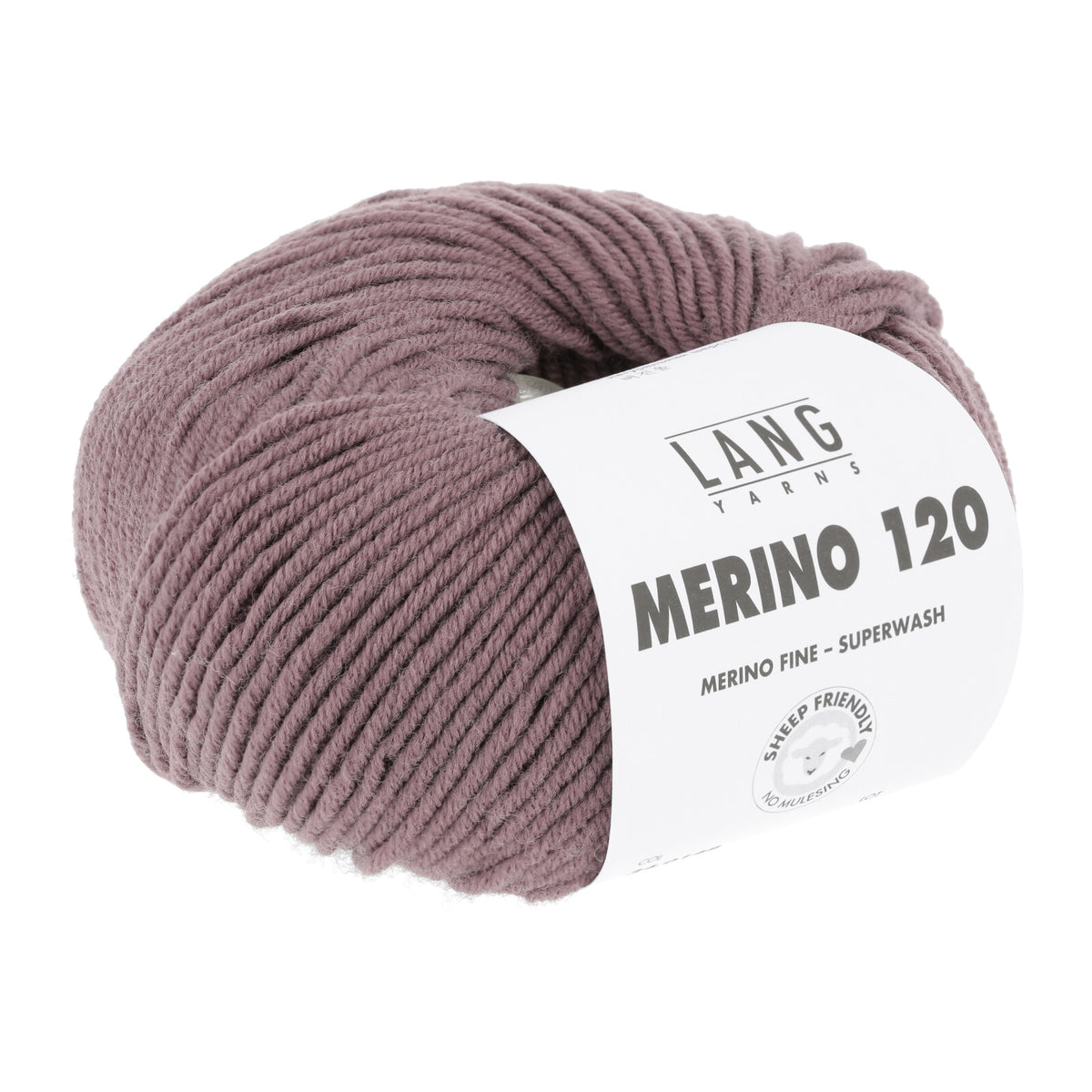 Merino 120 Wollgarn-Knäuel, mauve/rosa-lila mit Label