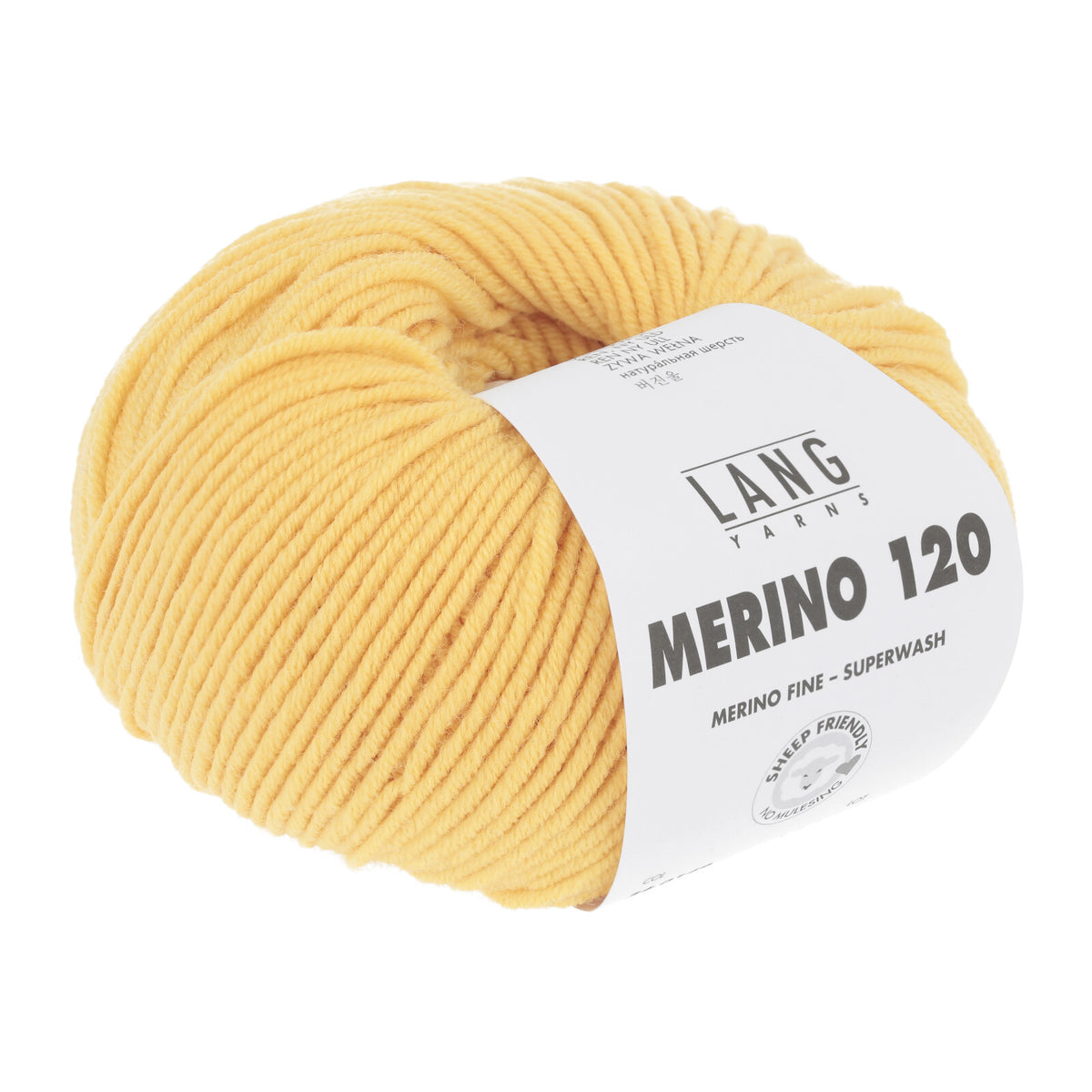 Merino 120 Wollgarn-Knäuel, senfgelb mit Label