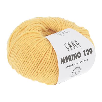 Merino 120 Wollgarn-Knäuel, senfgelb mit Label