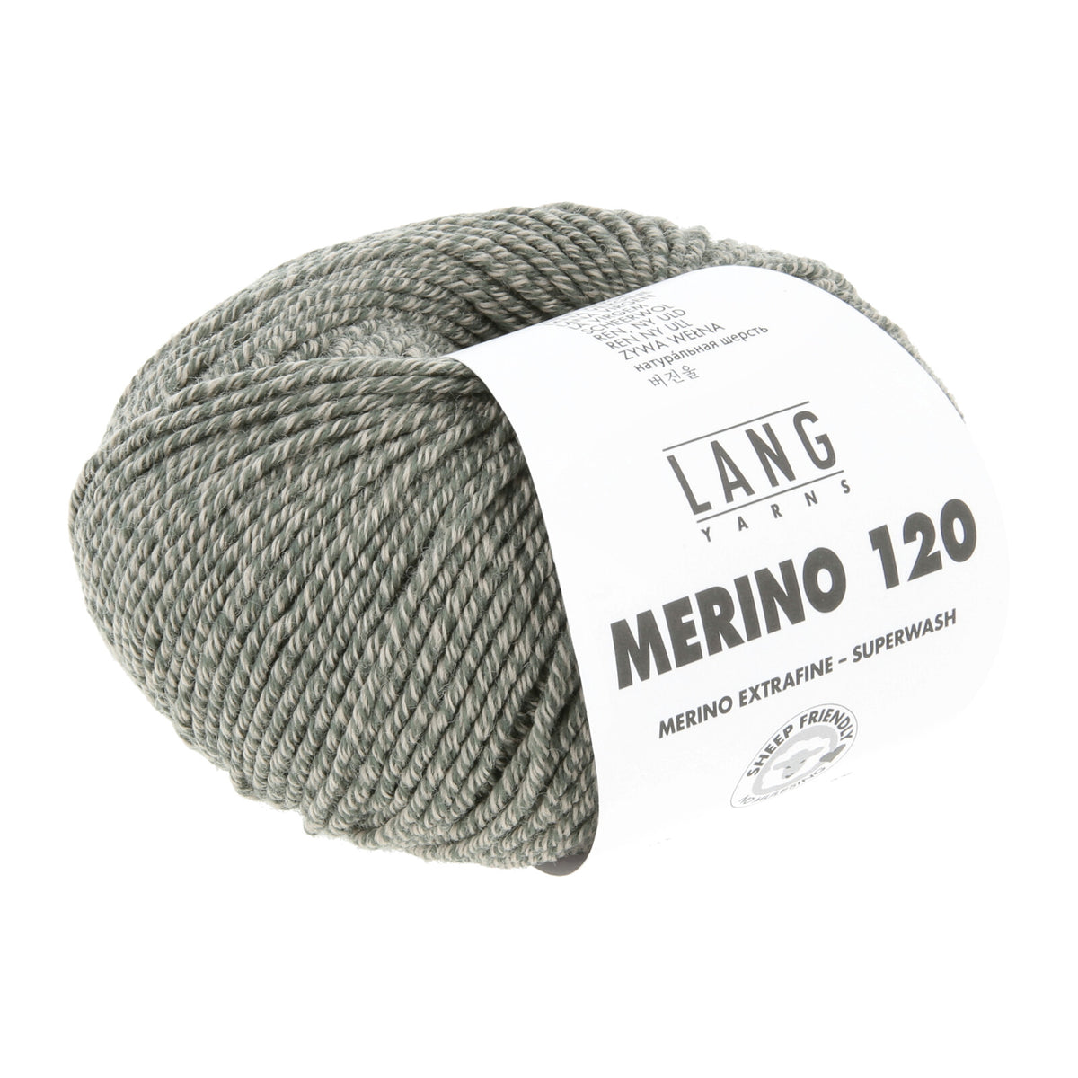 Merinowolle (Lang Yarns) als Knäuel, hellgrau meliert, mit Wickelband-Label